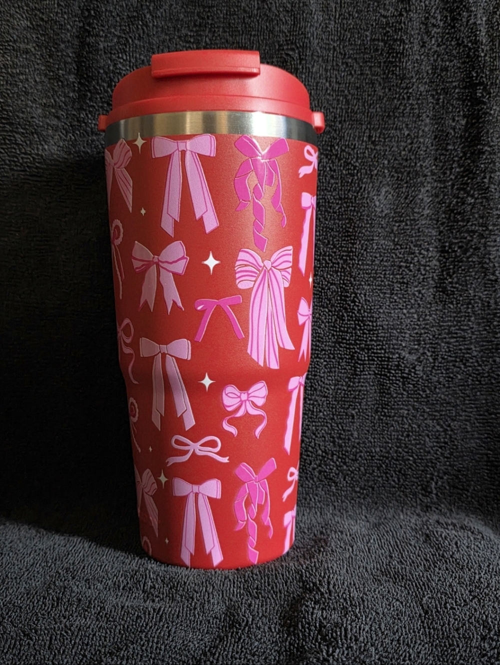 Insulated Red Travel Tumbler with Pink Bow Pattern